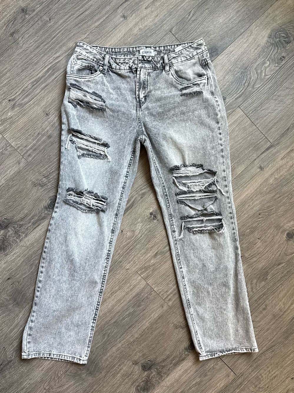 Refuge Denim Straight Jeans Juniors Size 7 Gray Acid Wash Distressed Ripped Y2K